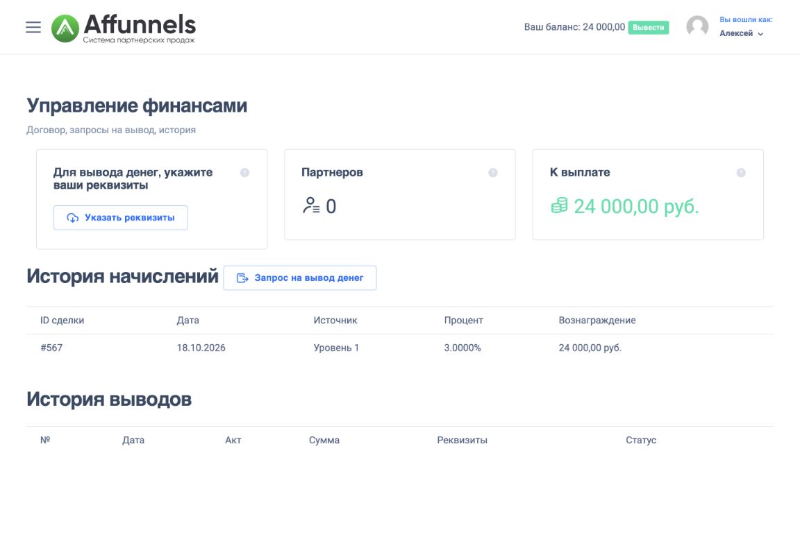 Кабинет партнёра Affunnels: баланс и история начислений